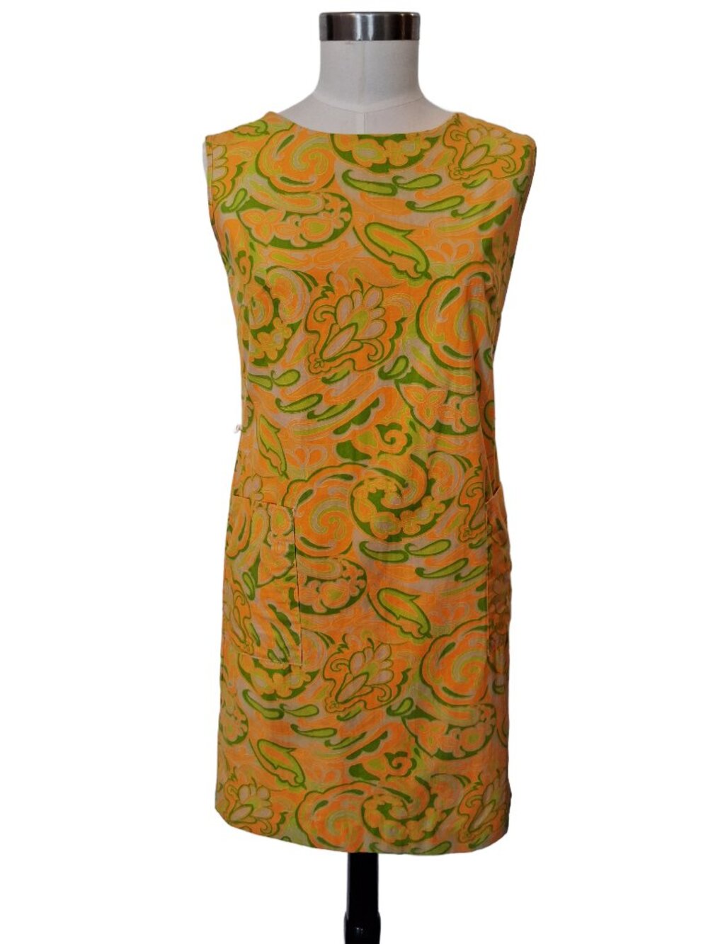 Vintage 1960s Mod Paisley Print Green & Orange Shift Sleeveless Dress Large